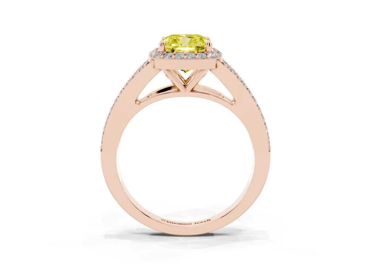 Fancy Yellow Cushion Cut Halo Split Shank Diamond Ring with Prong Setting Rose gold