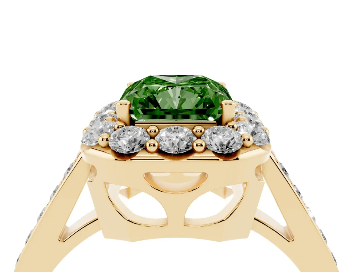 Fancy Green Radiant Cut Diamond Floral Halo Ring with Pavé Band and Prong Setting Yellow gold