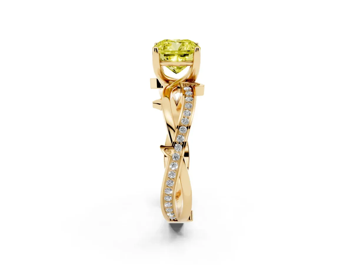 Fancy Yellow Cushion Cut Solitaire Twist Band with Pavé Accents and Four-Prong Setting Yellow gold