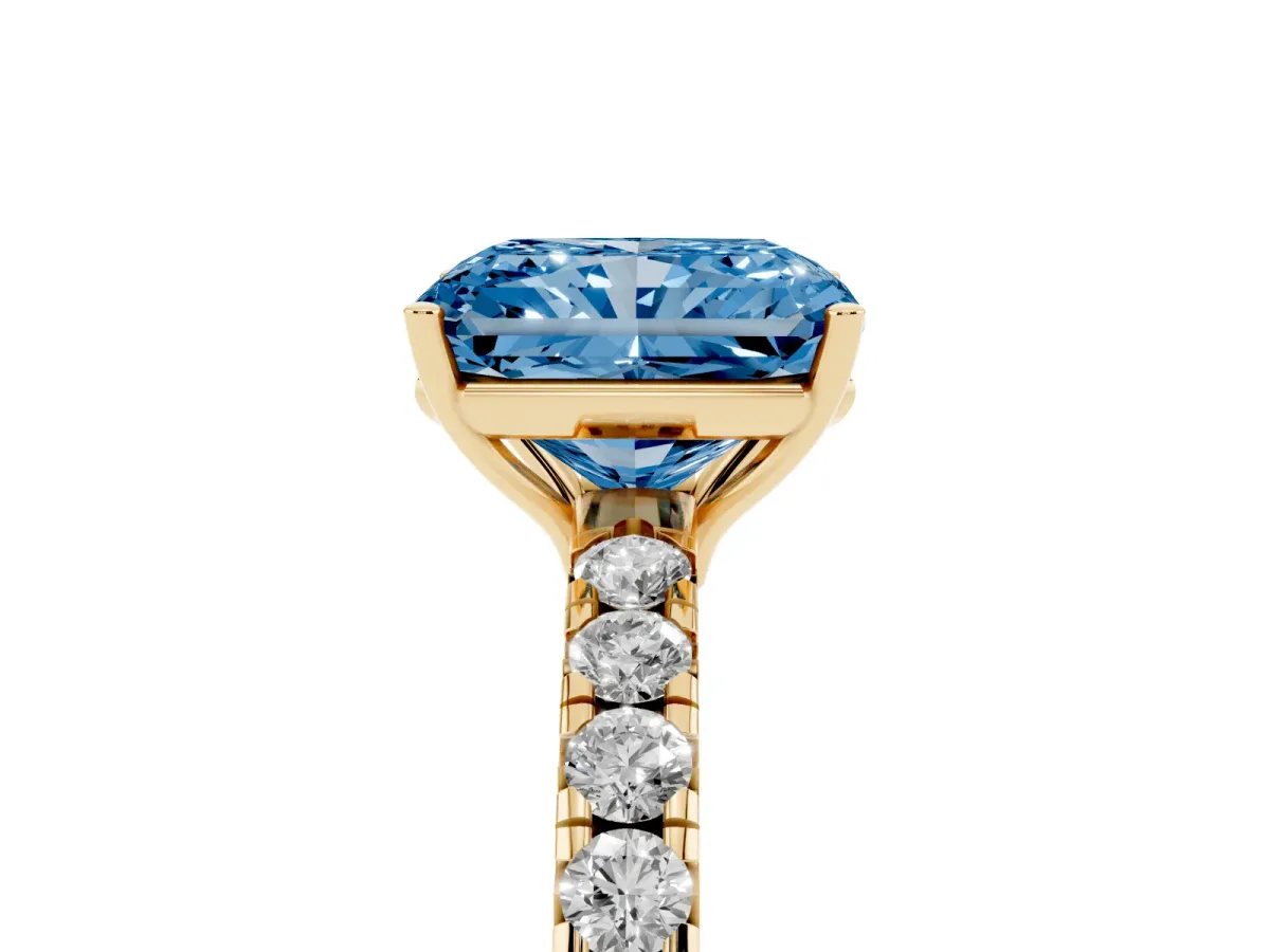Fancy Blue Radiant Cut Diamond Pavé Solitaire Engagement Ring with Four-Prong Setting Yellow gold