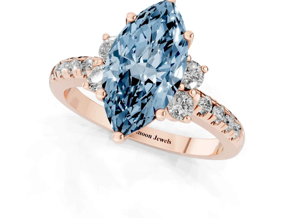 Fancy Blue Marquise Cut Diamond Three-Stone Pave Band with Four-Prong Setting Rose gold