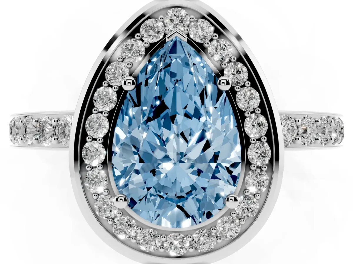 Fancy Blue Pear Cut Diamond Halo Ring with Bezel Frame and Pavé Band Silver