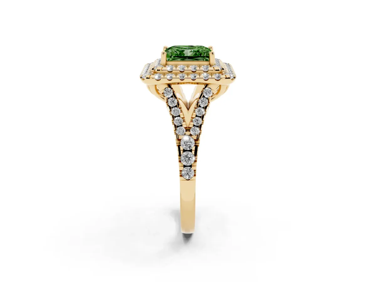 Fancy Green Double Halo Princess Cut Diamond Pavé Split Shank Ring with Prong Setting Yellow gold