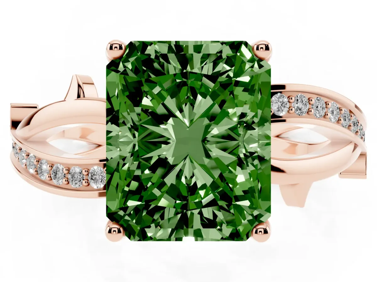 Fancy Green Radiant Cut Solitaire Twist Band with Pavé Accents and Four-Prong Setting Rose gold