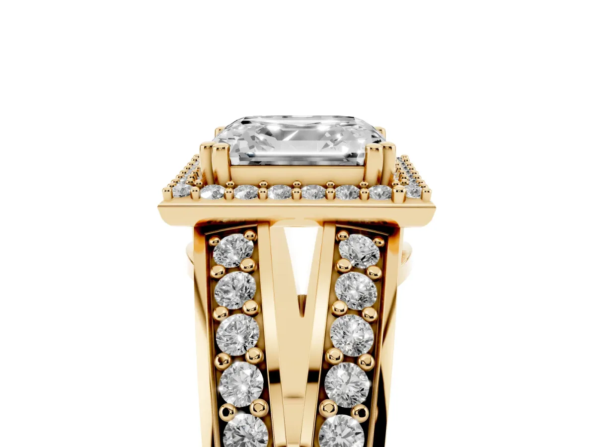 Asscher Cut Diamond Halo Ring with Split Shank Pavé Band and Four-Prong Setting Yellow gold