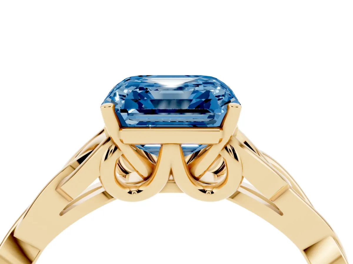 Fancy Blue Asscher Cut Diamond Solitaire Engagement Ring with Celtic Knot Band and Four-Prong Setting Yellow gold