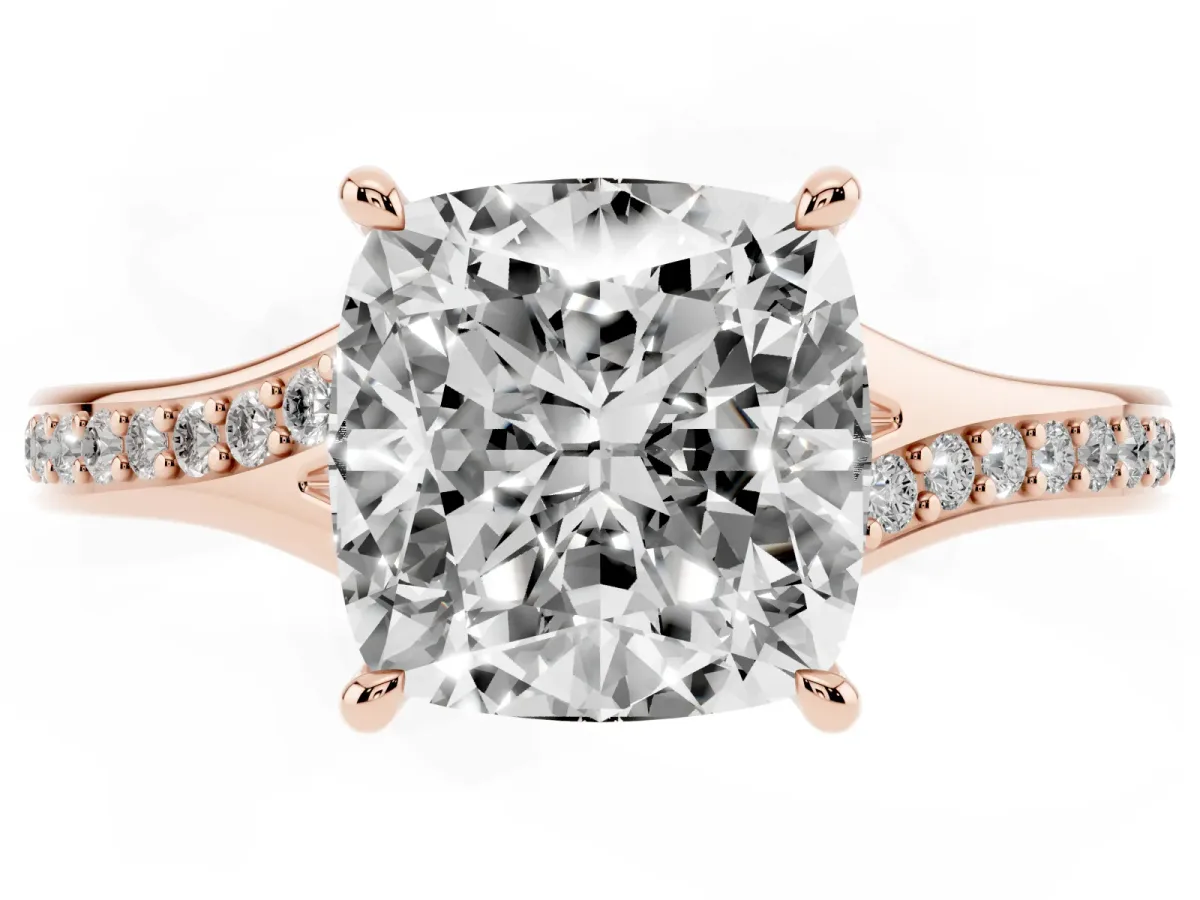 Cushion Cut Diamond Solitaire Ring with Pavé Band and Prong Setting Rose gold