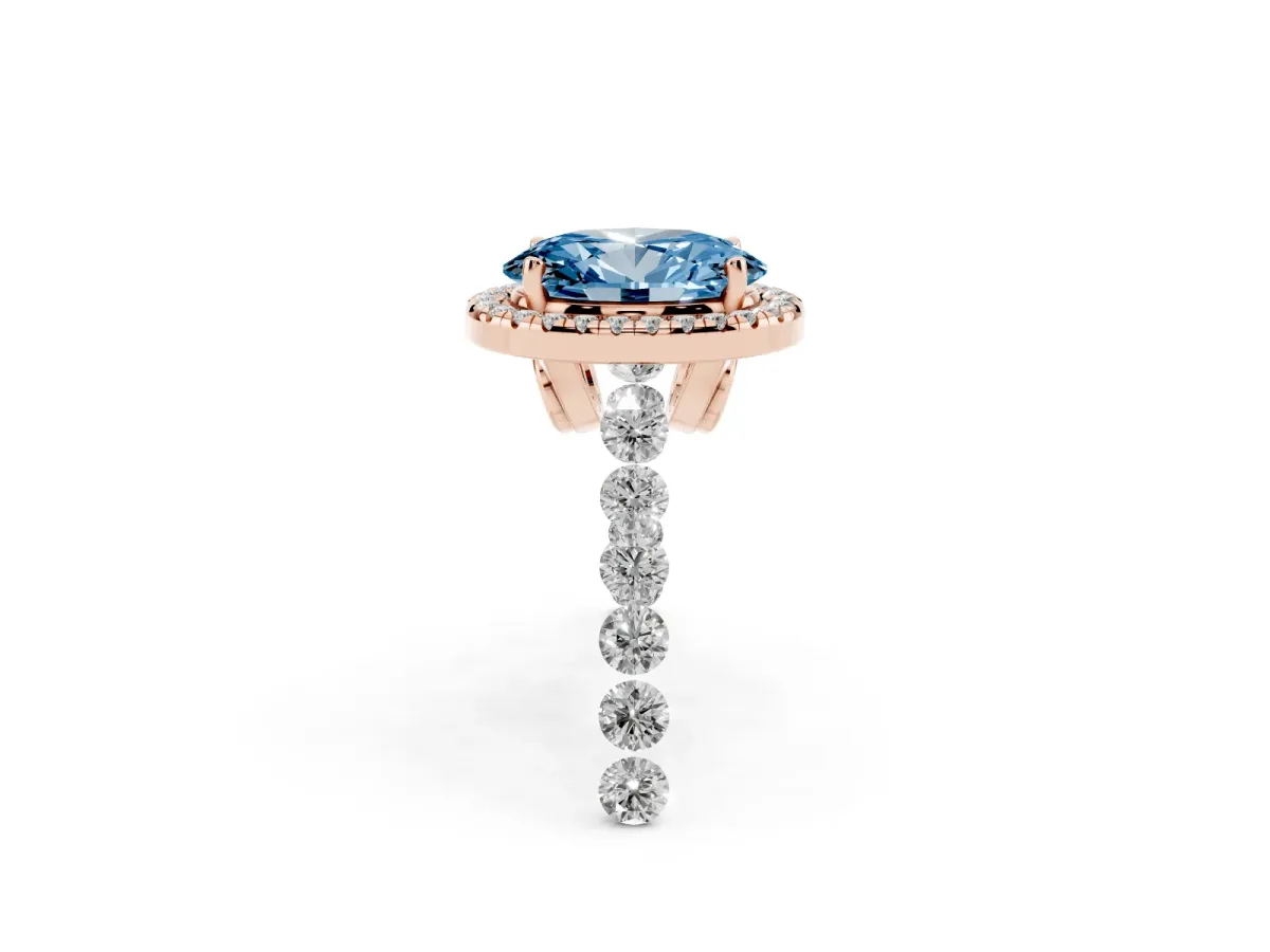 Fancy Blue Oval Cut Halo Pavé Diamond Engagement Ring with Four-Prong Setting Rose gold