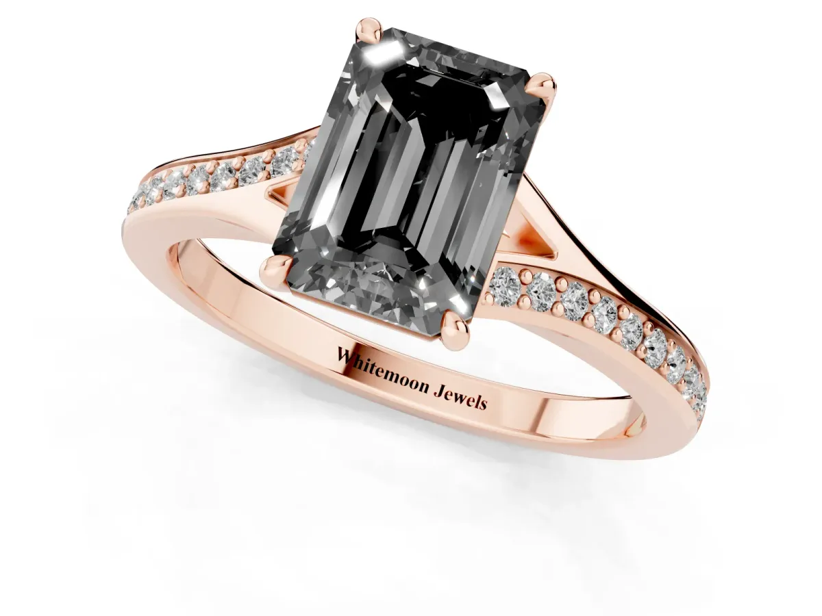 Fancy Black Emerald Cut Diamond Solitaire Ring with Pavé Band and Prong Setting Rose gold