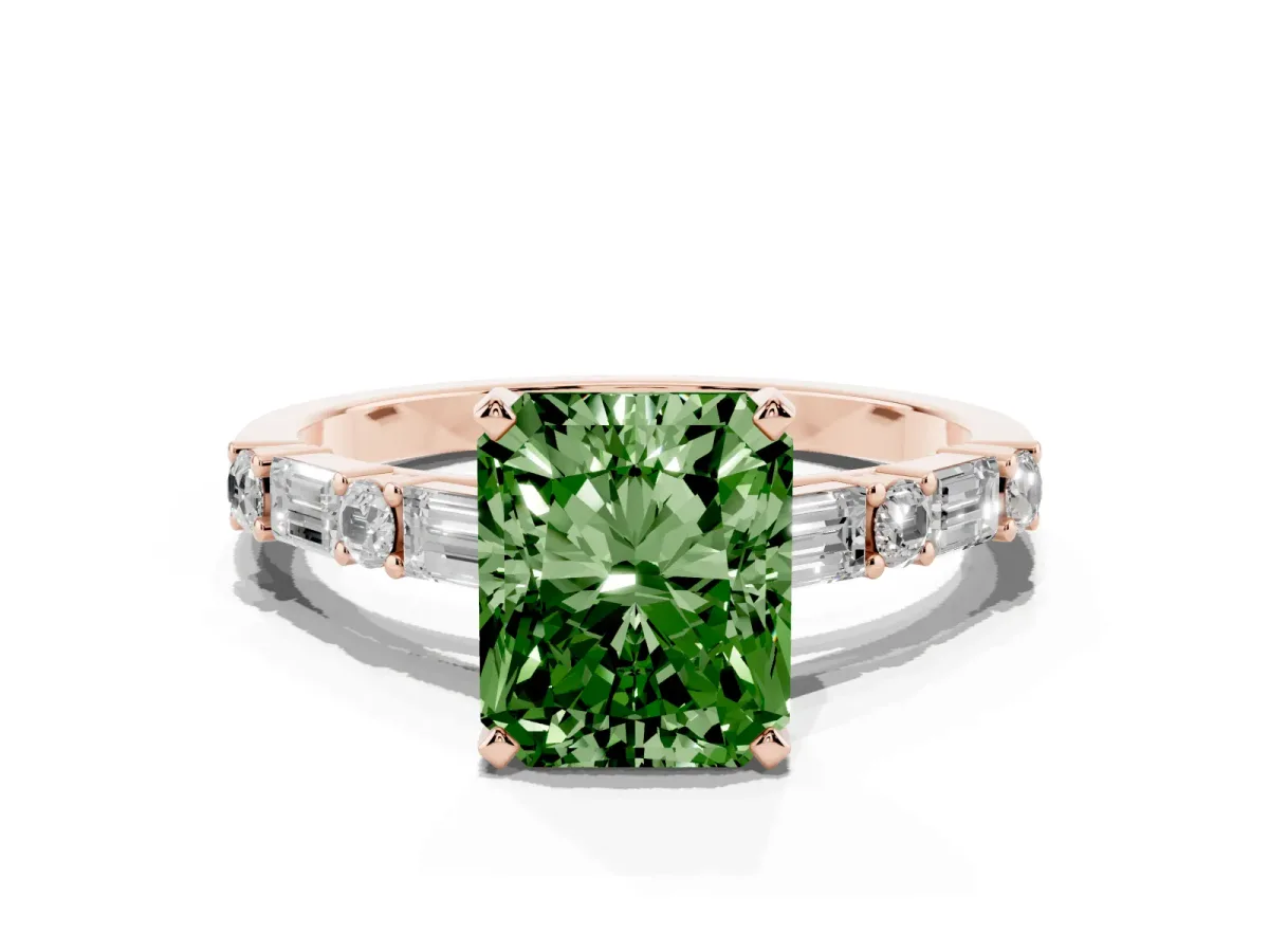 Fancy Green Radiant Cut Diamond Solitaire with Side Baguettes and Channel Set Band Rose gold