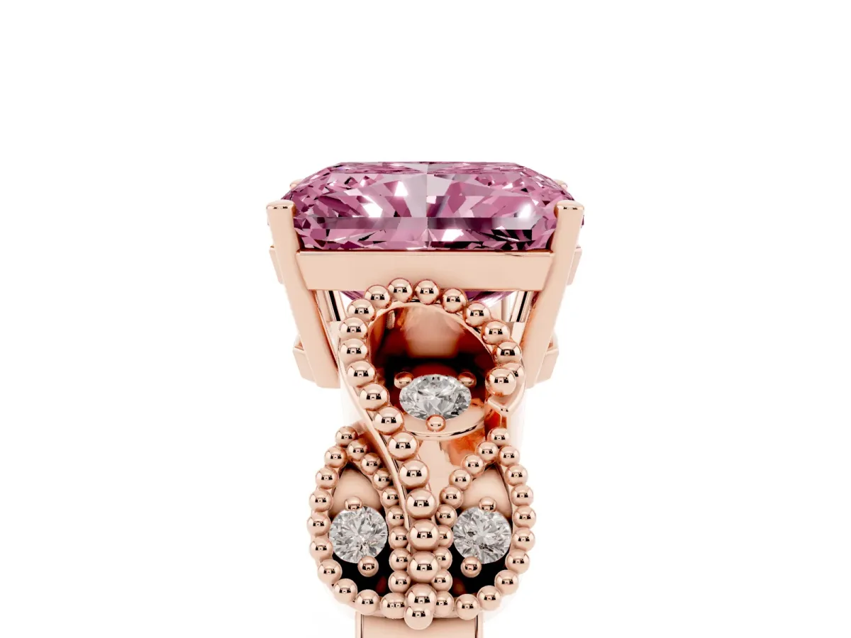 Fancy Pink Radiant Cut Solitaire Milgrain Leaf Band with Prong Setting Rose gold