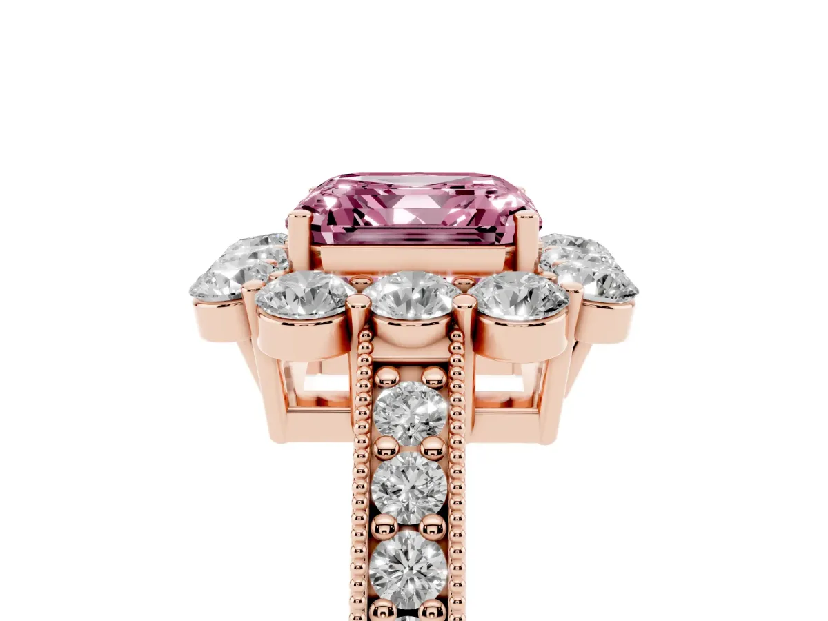 Fancy Pink Asscher Cut Cut Halo Diamond Pavé Engagement Ring with Milgrain Detailing Rose gold