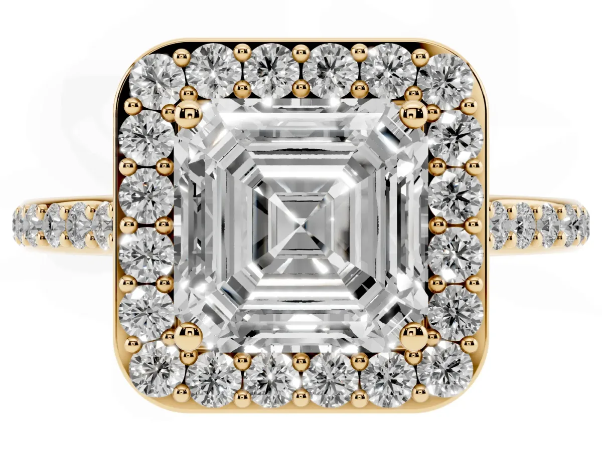 Asscher Cut Diamond Halo Engagement Ring with Round Pavé Shoulders and Prong Setting Yellow gold