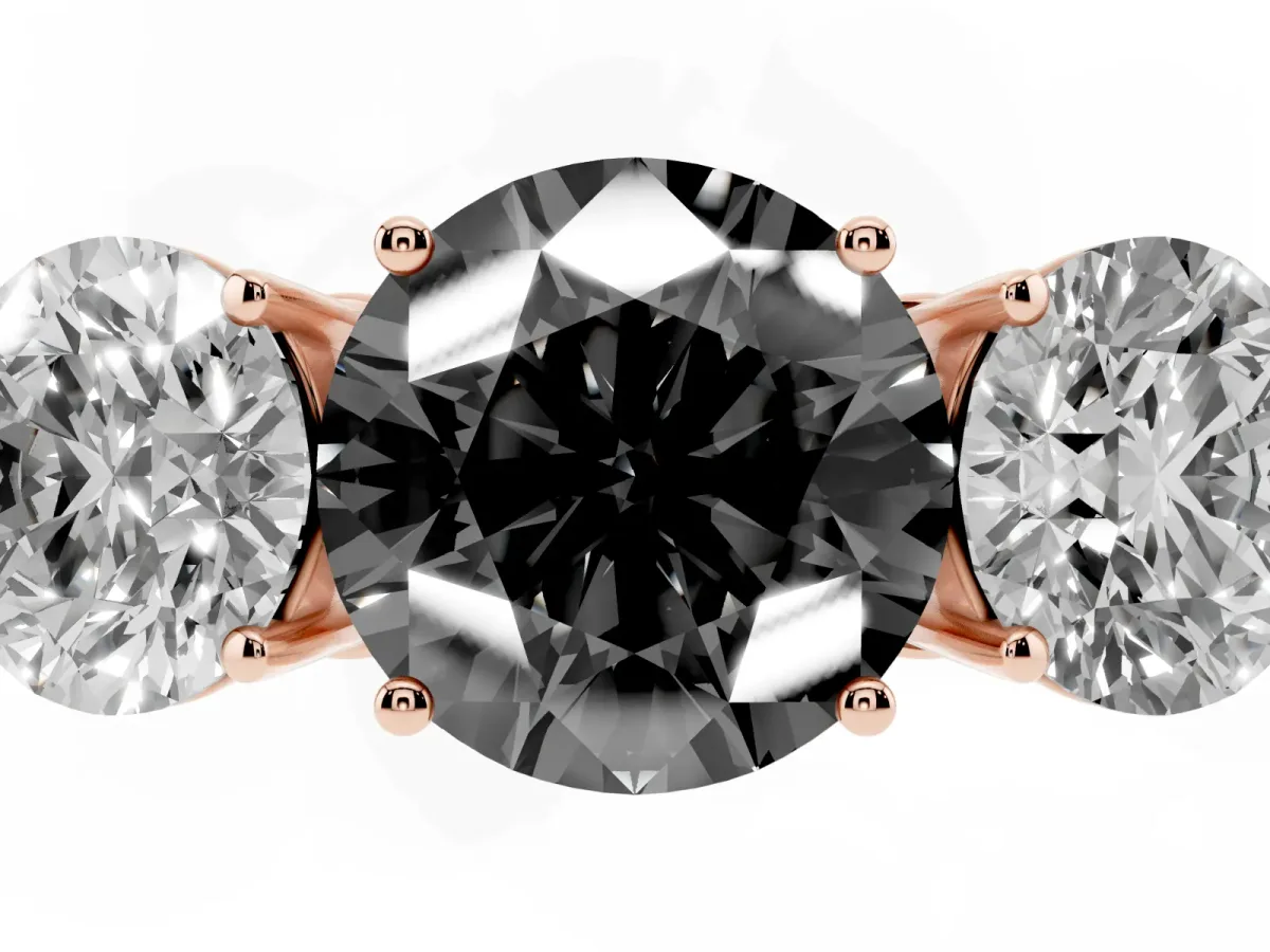 Fancy Black Round Cut Diamond Three-Stone Ring with Prong Setting and Textured Band Rose gold
