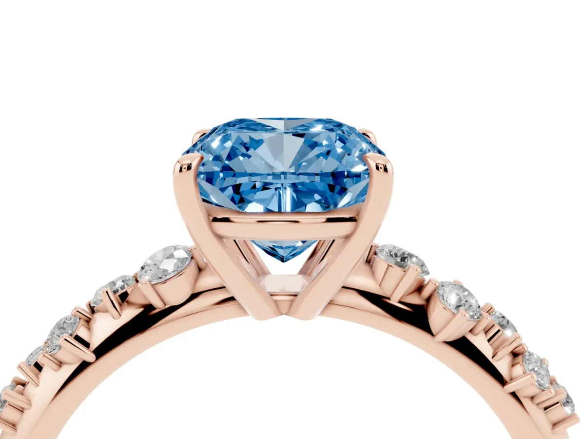 Fancy Blue Cushion Cut Diamond Cluster Side Stone Solitaire Ring with Prong Setting Rose gold