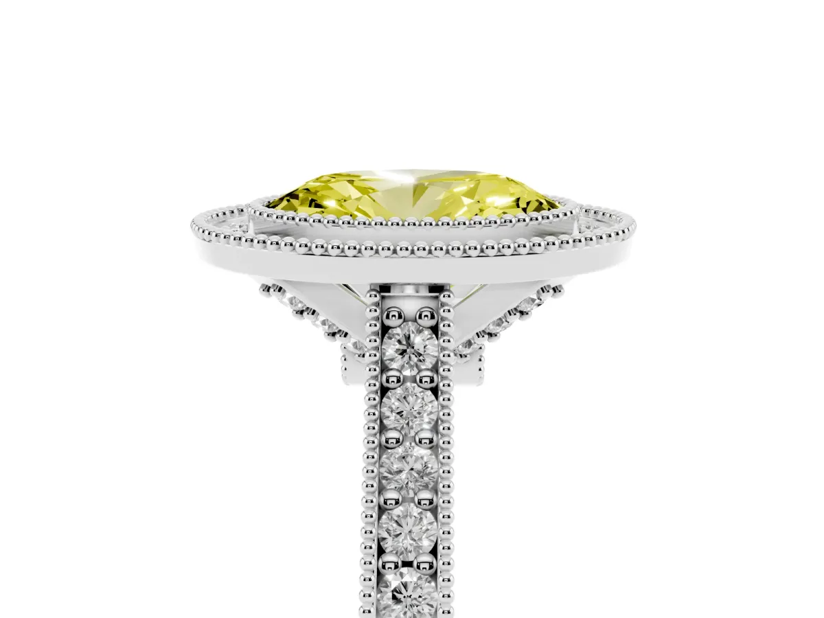 Fancy Yellow Halo Oval Cut-Cut Diamond Pave Band Milgrain Prong Setting Ring Silver