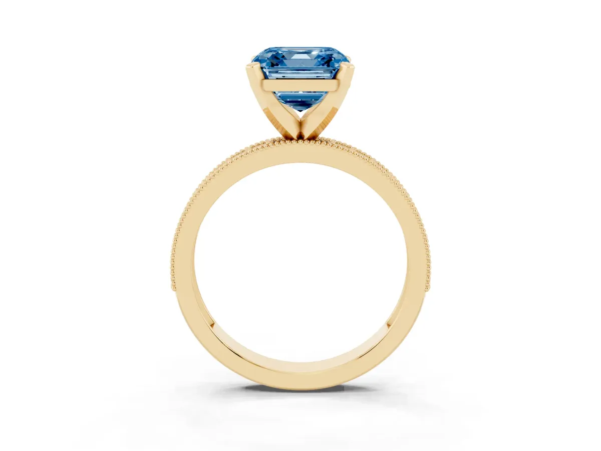 Fancy Blue Asscher Cut Diamond Milgrain Pavé Engagement Ring with Four-Prong Setting Yellow gold