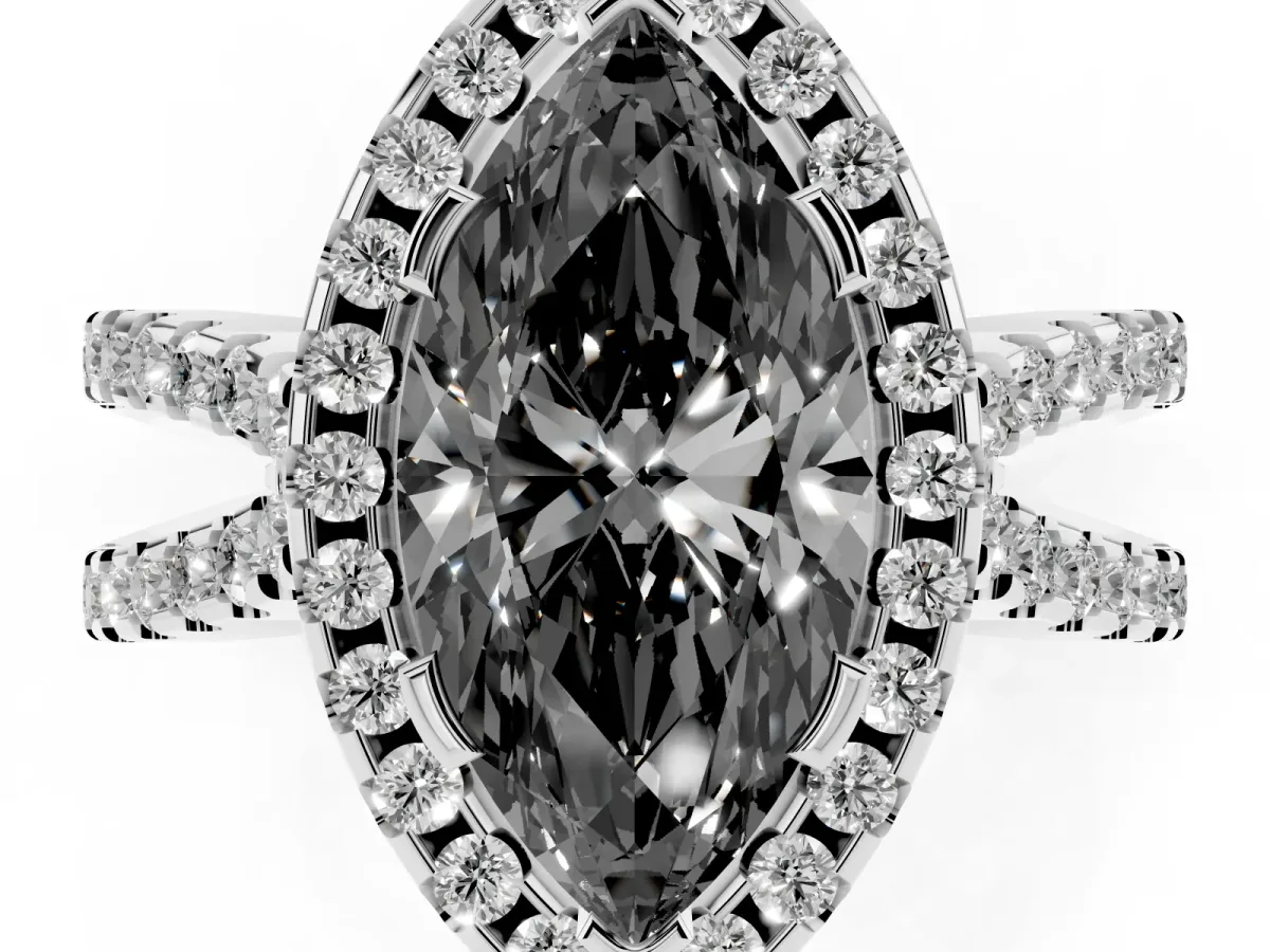 Fancy Black Marquise Cut Diamond Halo Ring with Split Shank Pavé Band and Prong Setting Silver