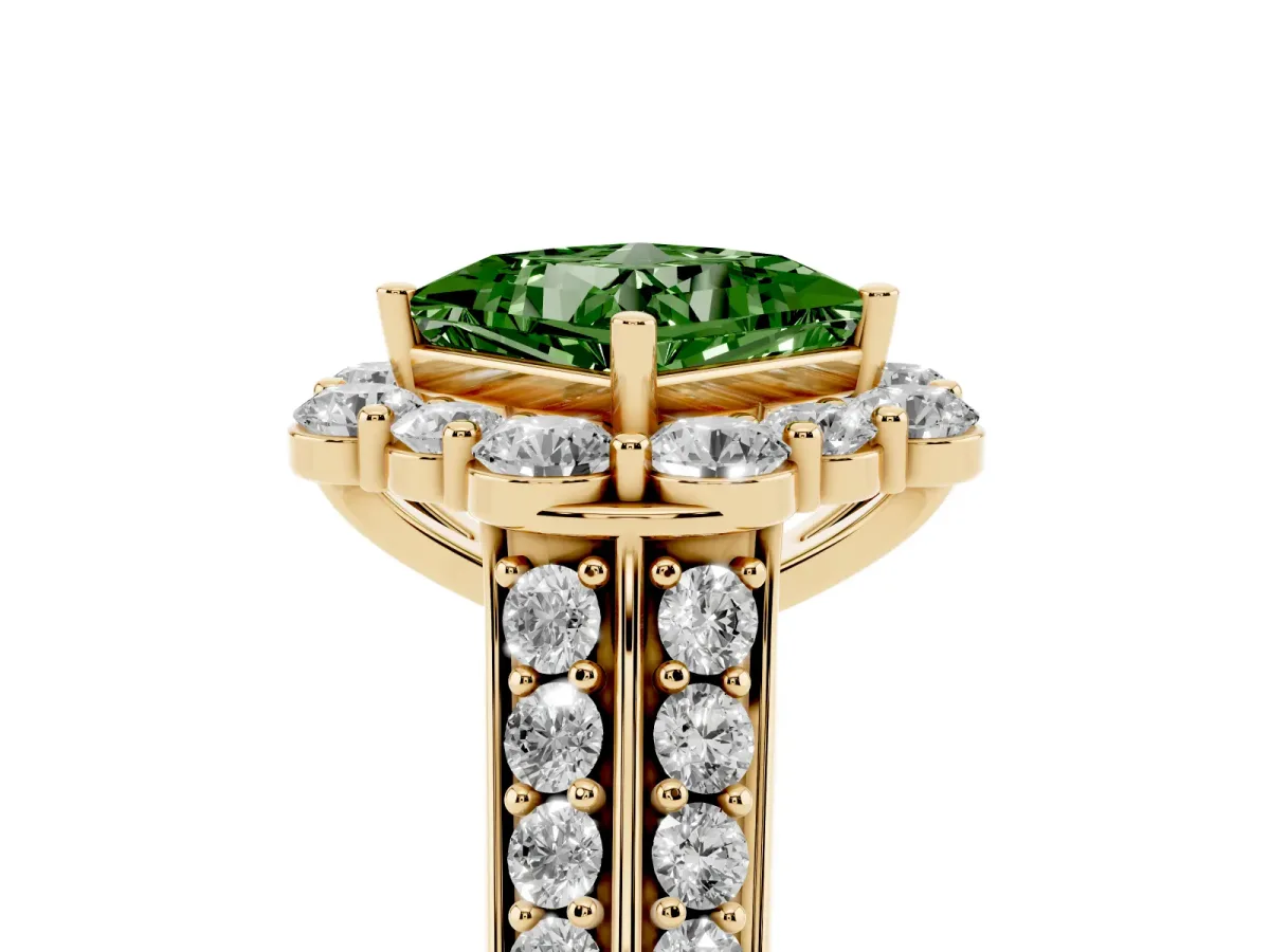 Fancy Green Princess Cut Halo Diamond Engagement Ring with Split Shank and Prong Setting Yellow gold