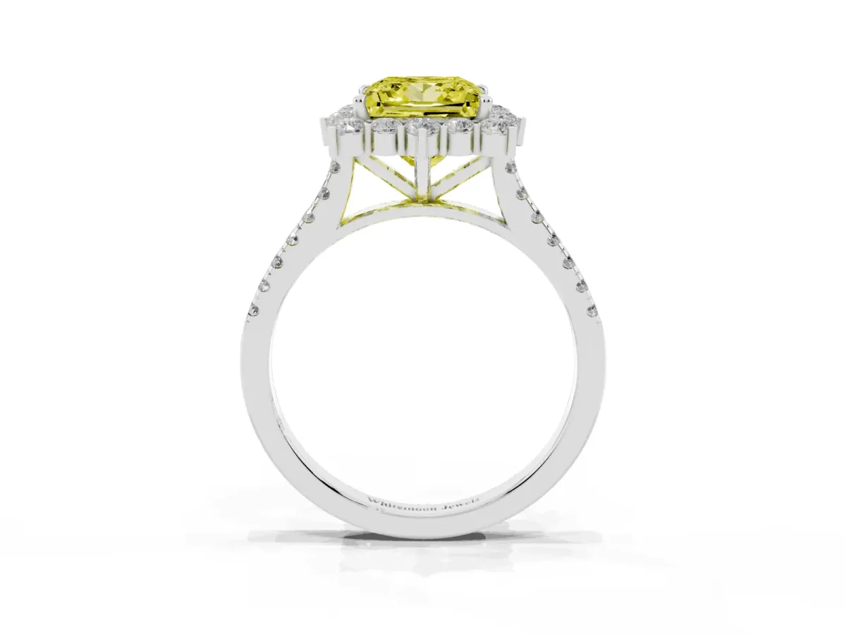 Fancy Yellow Princess Cut Halo Diamond Ring with Pavé Band and Prong Setting Silver