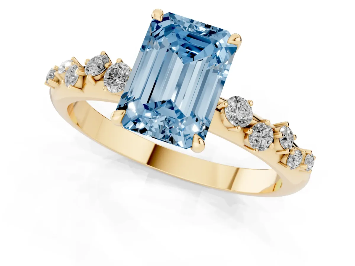 Fancy Blue Emerald Cut Diamond Cluster Prong-Set Solitaire Ring Yellow gold