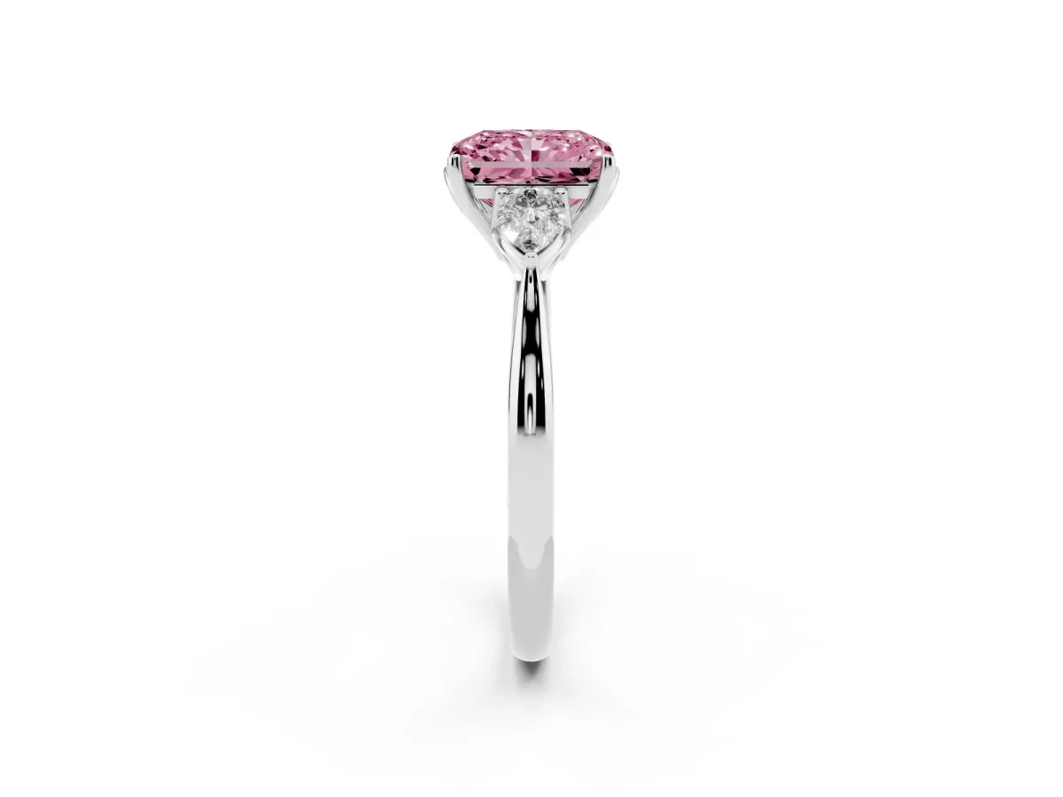 Fancy Pink Radiant Cut Diamond Three-Stone Ring with Pear Side Stones and Prong Setting Silver