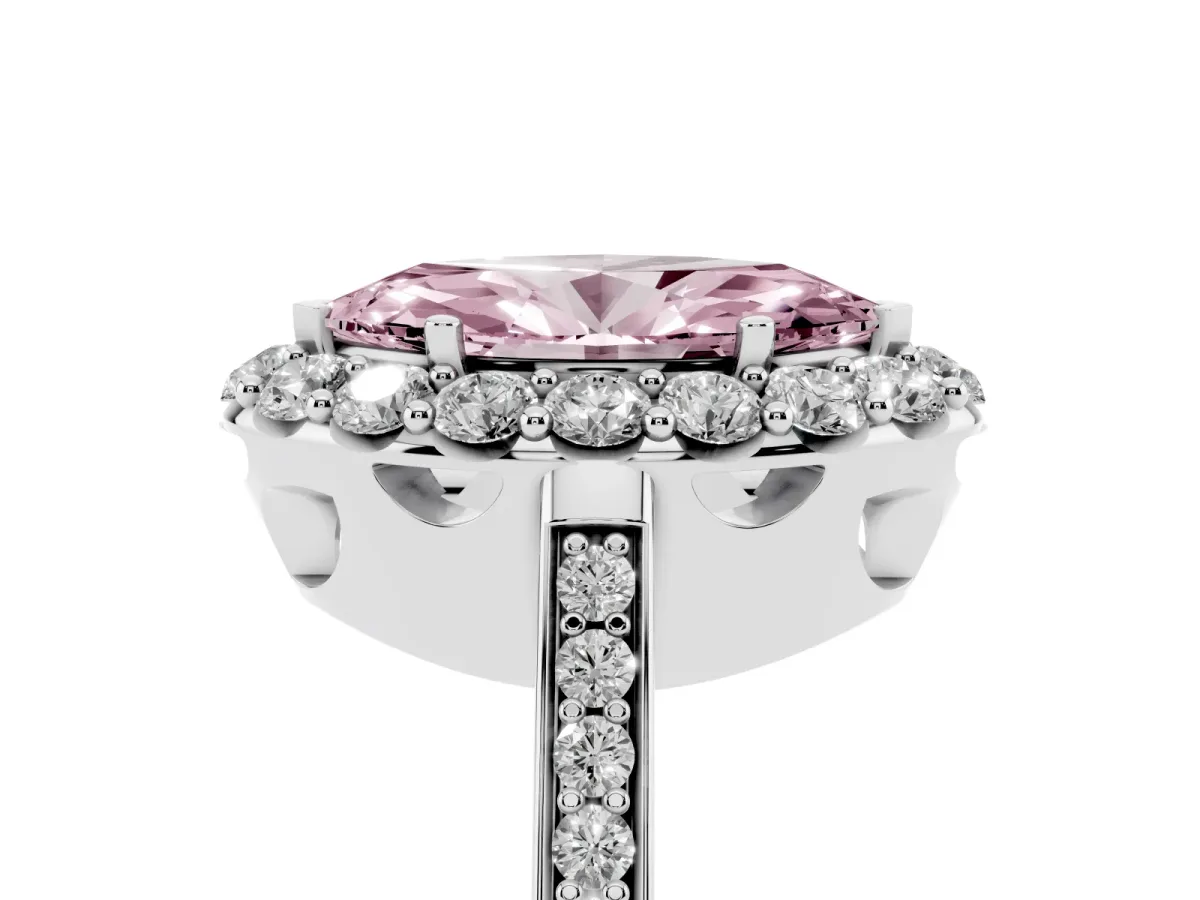Fancy Pink Marquise Cut Diamond Floral Halo Ring with Pavé Band and Prong Setting White gold