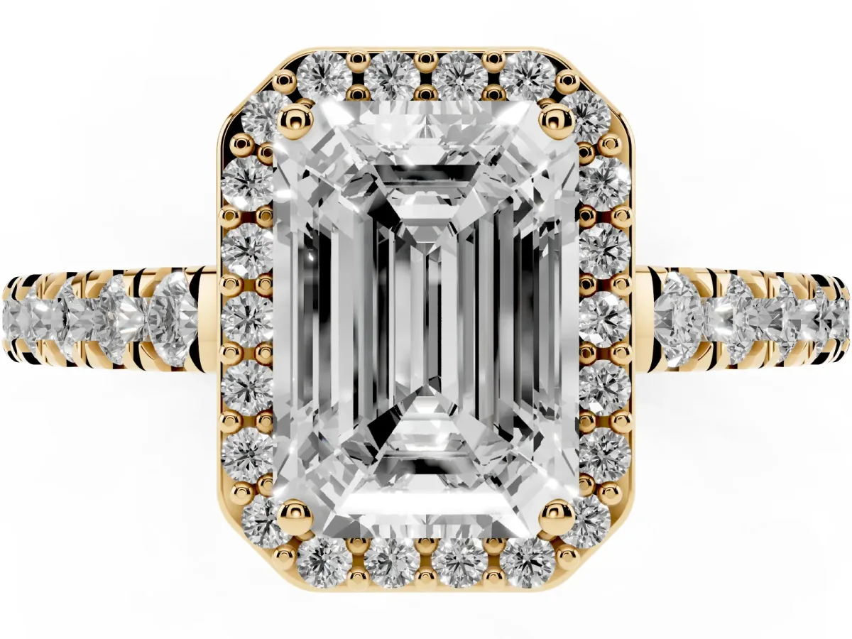 Emerald Cut Cut Halo Diamond Engagement Ring with Pave Band and Four-Prong Setting Yellow gold