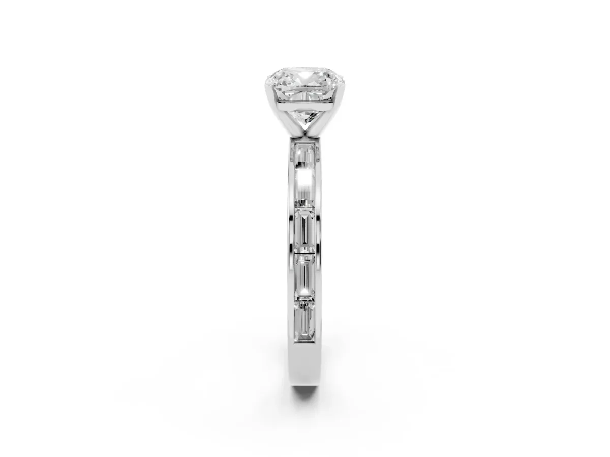 Cushion Cut Solitaire Diamond Ring with Channel-Set Baguette Band and Four-Prong Setting Platinum