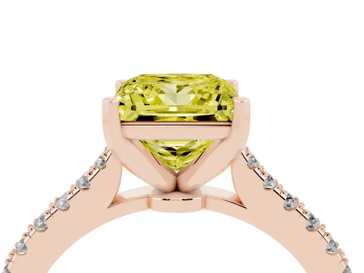 Fancy Yellow Princess Cut Cut Solitaire Diamond Engagement Ring with Pave Band and Four-Prong Setting Rose gold