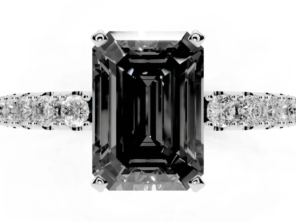 Fancy Black Emerald Cut Diamond Solitaire Pavé Band with Four-Prong Setting Platinum