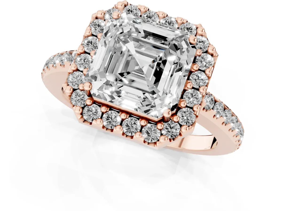 Asscher Cut Diamond Pavé Halo Ring with Four-Prong Setting Rose gold