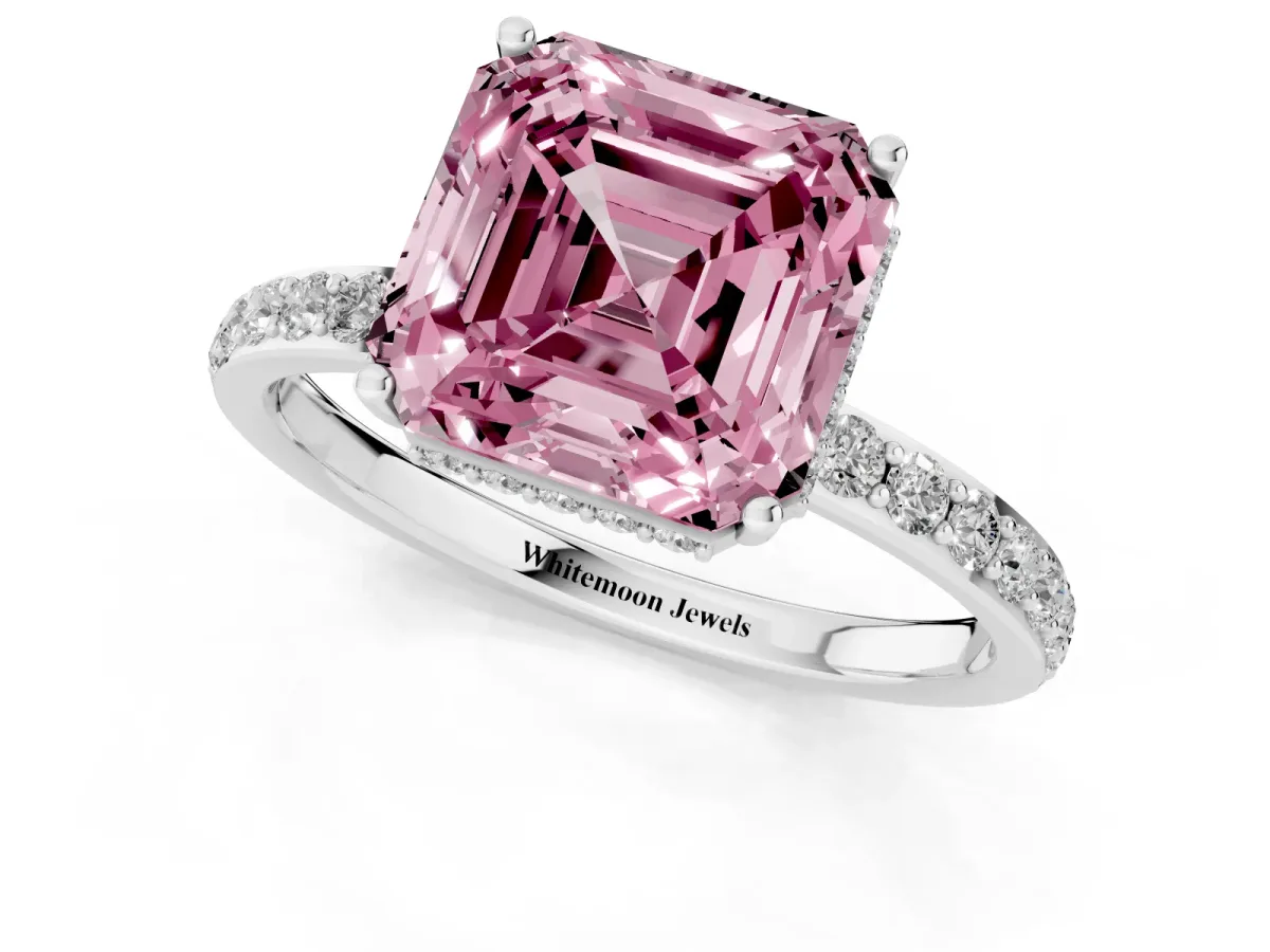 Fancy Pink Asscher Cut Diamond Solitaire Ring with Pavé Band and Hidden Halo Silver