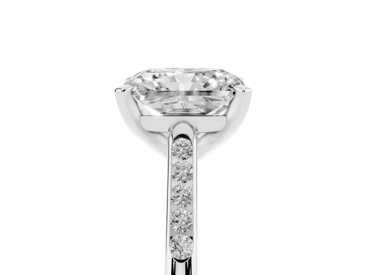 Radiant Cut Diamond Solitaire Ring with Channel Set Round Band and Prong Setting Silver
