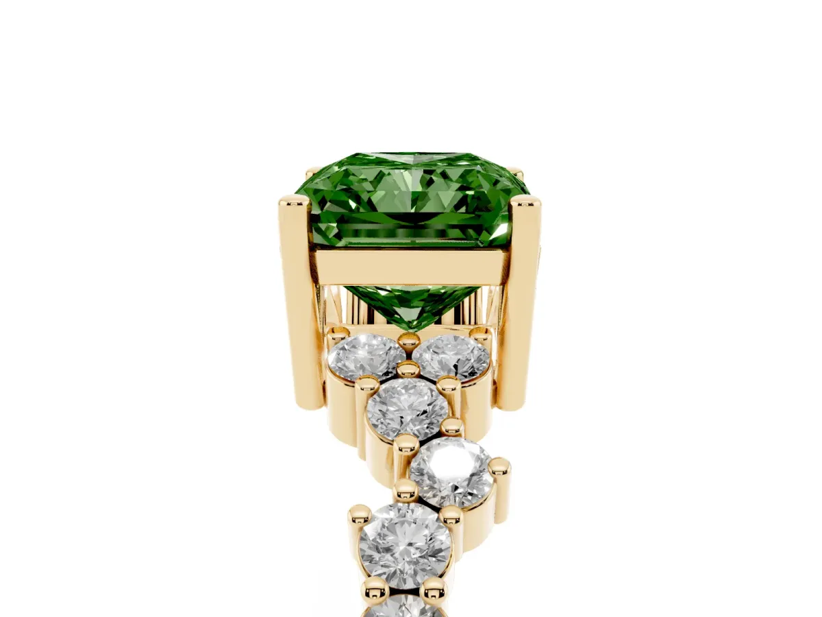 Fancy Green Radiant Cut Diamond Scattered Round Accent Ring with Prong Setting Yellow gold