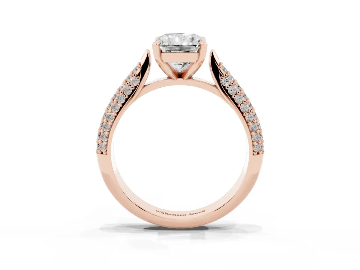 Radiant Cut Diamond Solitaire Engagement Ring with Multi-Row Round Pavé Band and Prong Setting Rose gold