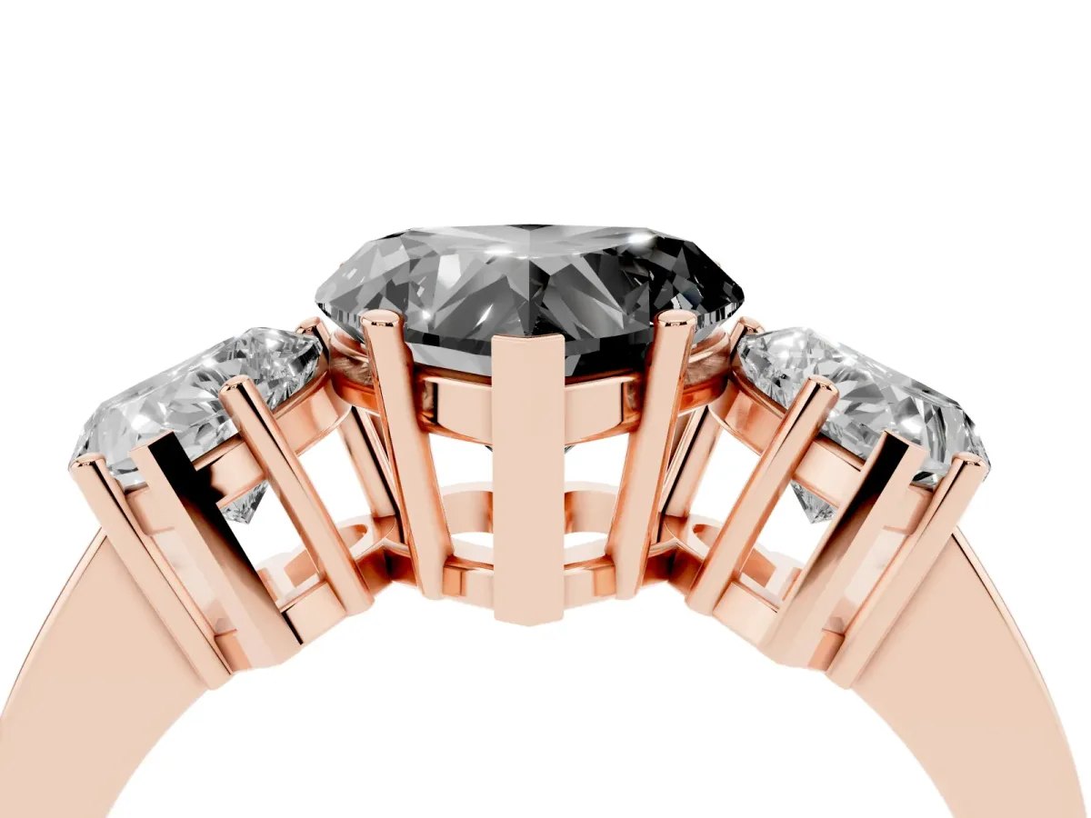 Fancy Black Three-Stone Heart Cut Cut Diamond Engagement Ring with Flat Band and Four-Prong Setting Rose gold