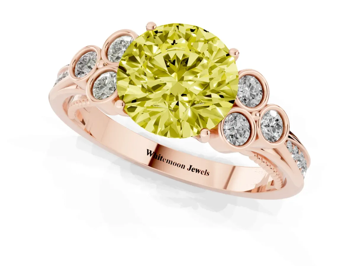 Fancy Yellow Round Cut Cut Diamond Engagement Ring with Bezel Set Round Side Stones and Prong Setting Rose gold