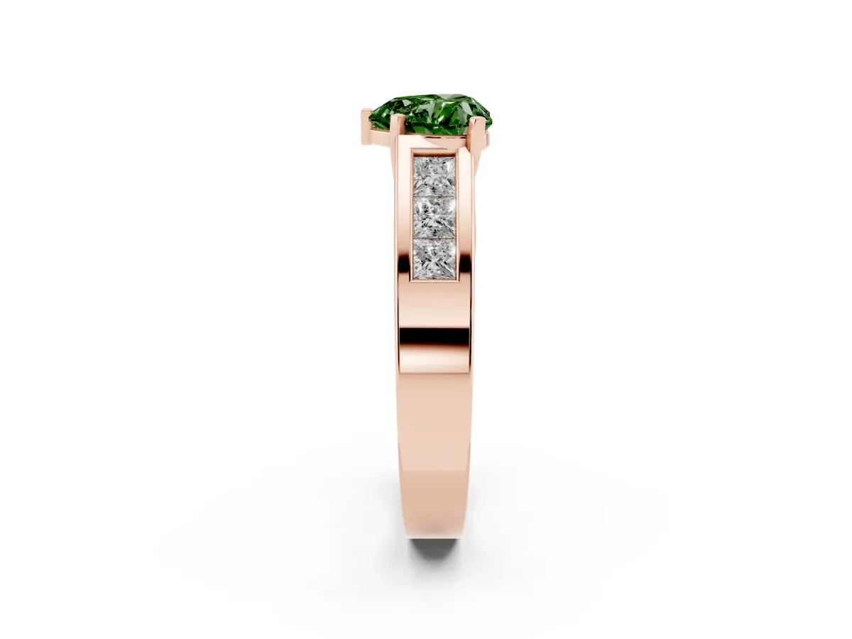 Fancy Green Heart Cut Cut Channel Set Solitaire Ring with Four-Prong Setting Rose gold