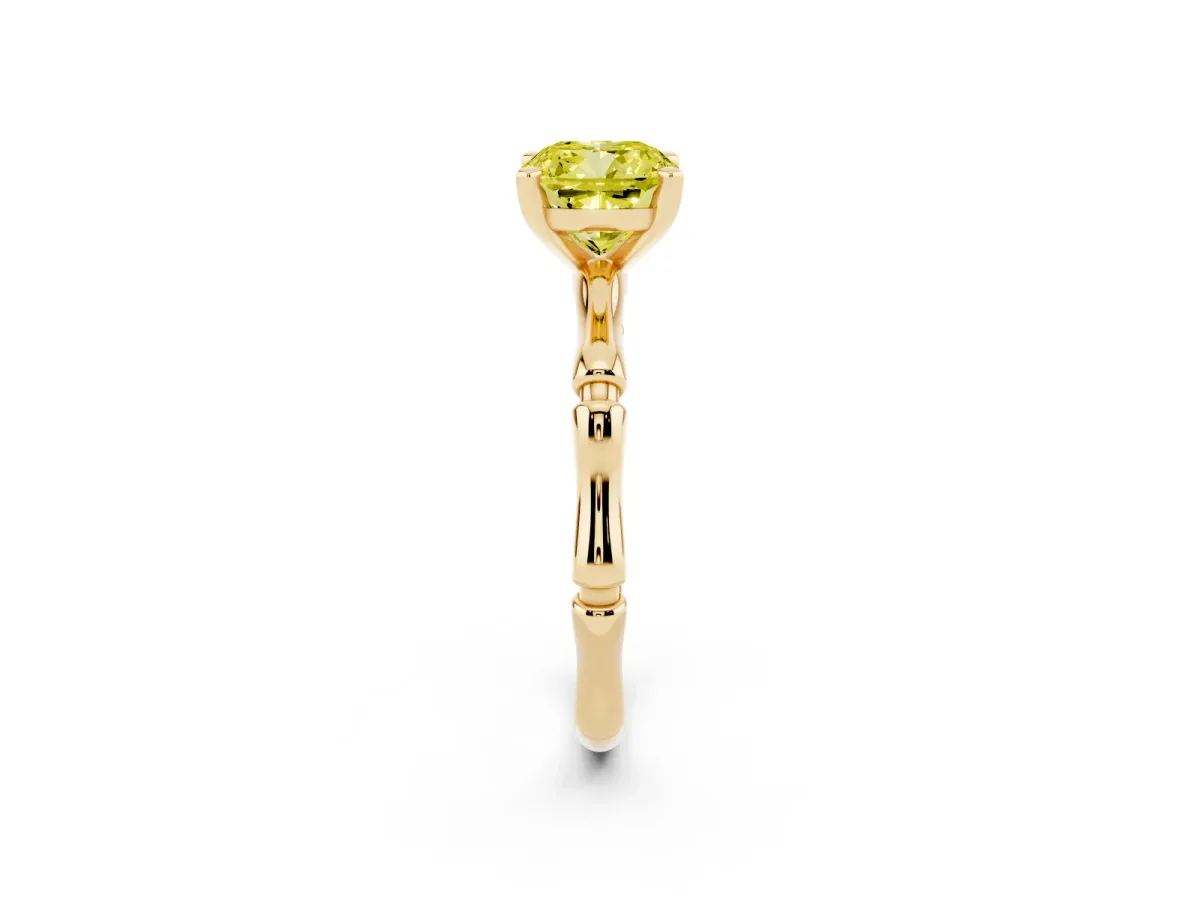 Fancy Yellow Cushion Cut Solitaire Diamond Ring with Bamboo Band and Four-Prong Setting Yellow gold