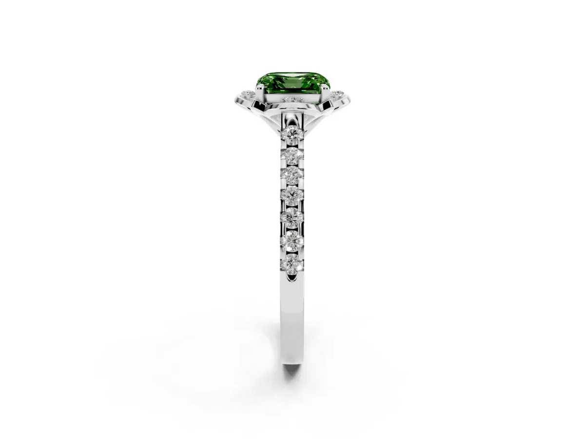 Fancy Green Asscher Cut Diamond Ring with Pavé Band and Floral Prong Setting White gold