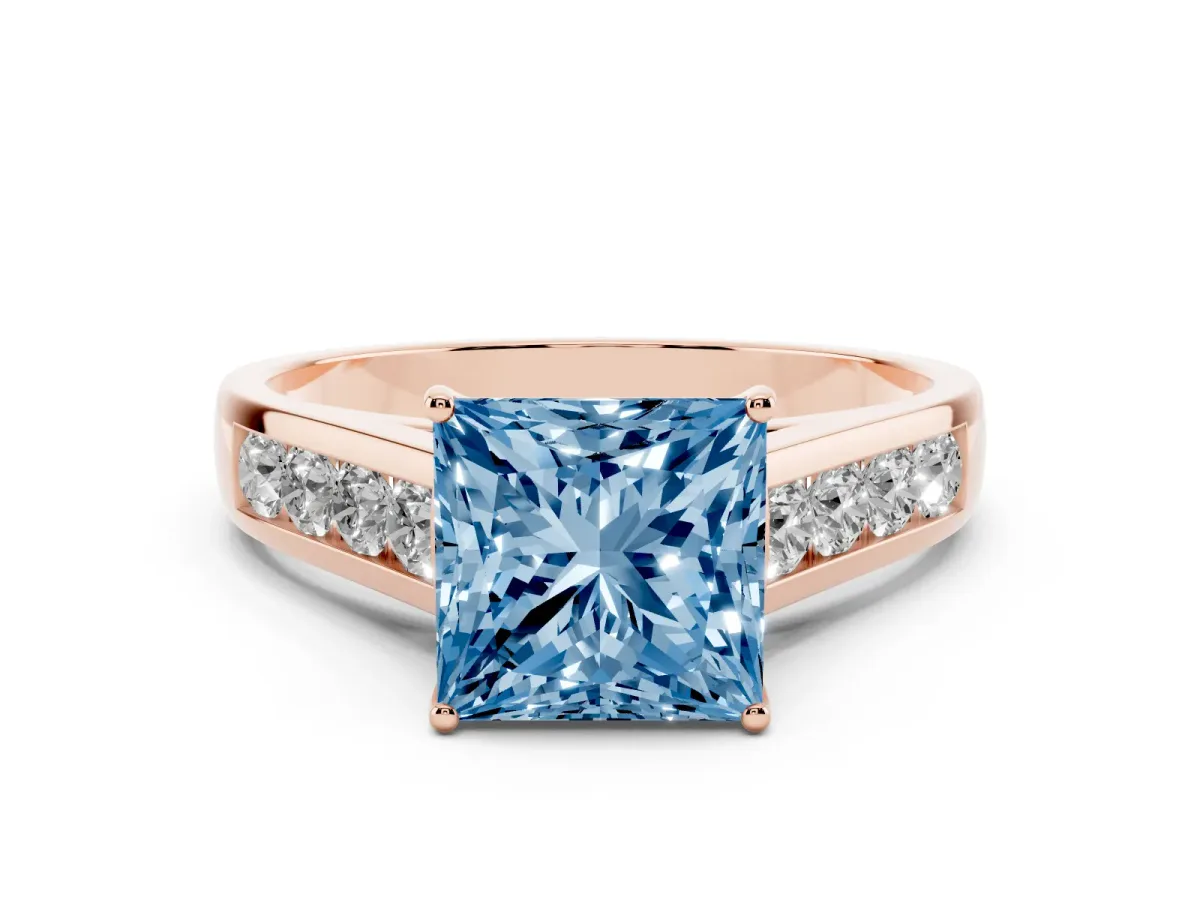 Fancy Blue Princess Cut Solitaire Channel-Set Diamond Engagement Ring with Four-Prong Setting Rose gold