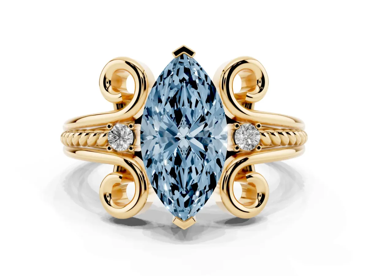Fancy Blue Marquise Cut Solitaire Twisted Band Scroll Prong Ring Yellow gold