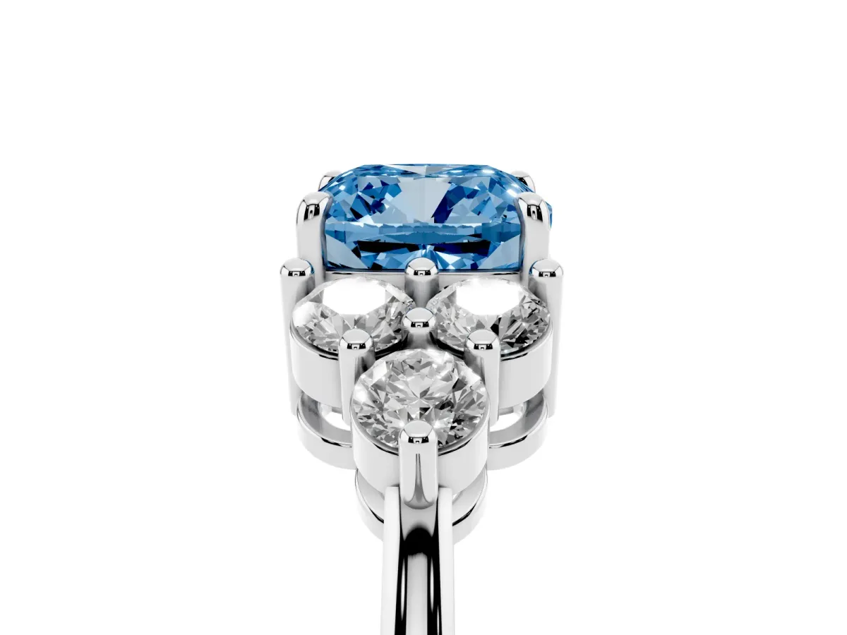 Fancy Blue Cushion Cut Brilliant Diamond Cluster Accent Solitaire Ring with Prong Setting Platinum