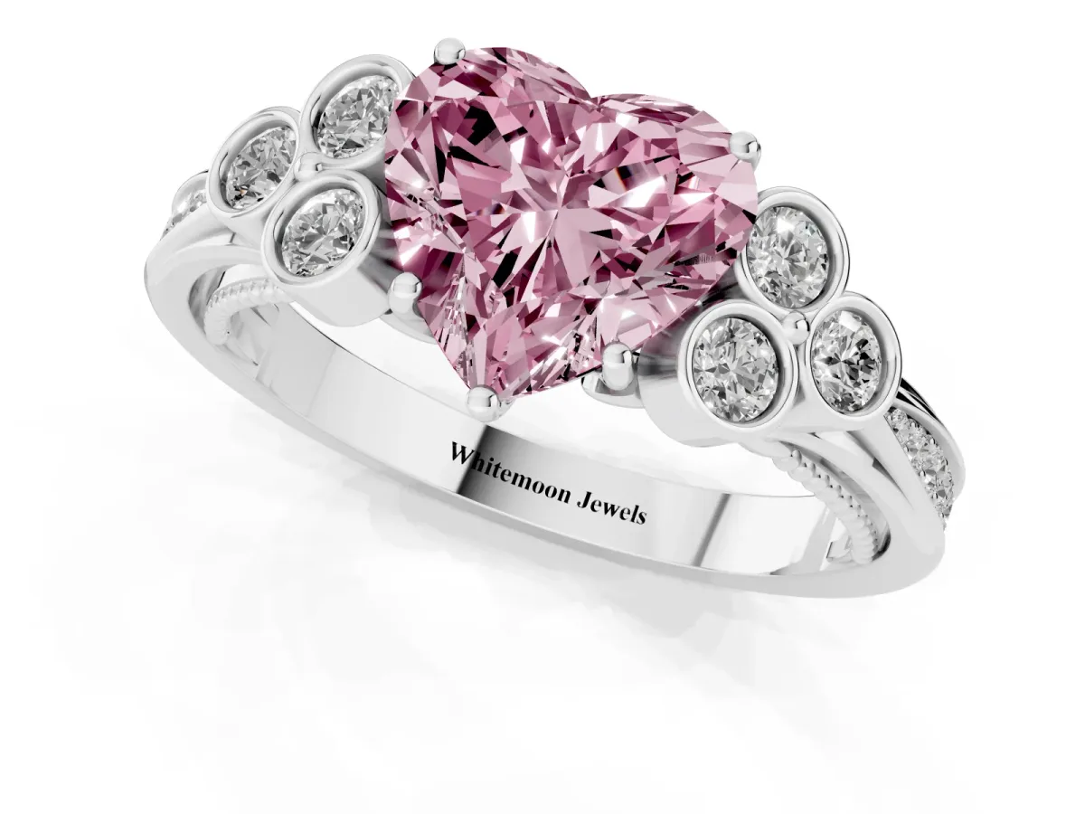 Fancy Pink Heart Cut Cut Diamond Engagement Ring with Bezel Set Round Side Stones and Prong Setting White gold