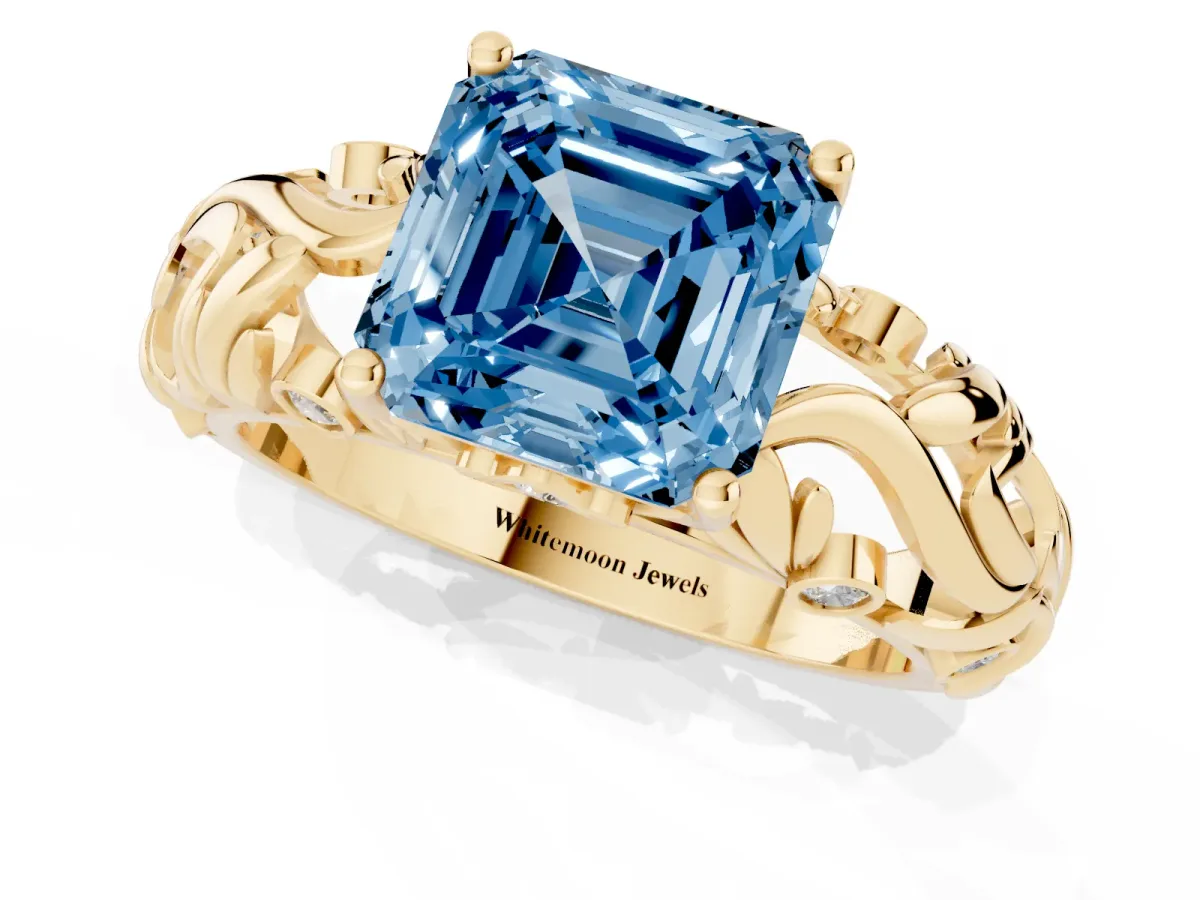 Fancy Blue Asscher Cut Solitaire Diamond Leaf-Inspired Vine Band Ring with Prong Setting Yellow gold