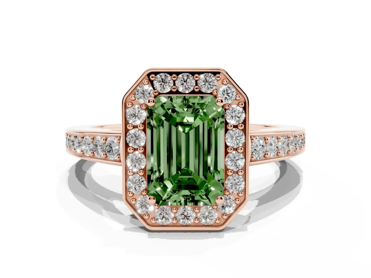 Fancy Green Emerald Cut Halo Pavé Diamond Engagement Ring with Bezel Setting Rose gold