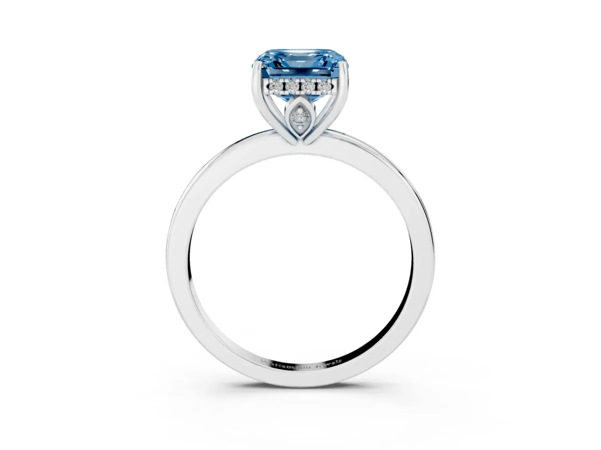 Fancy Blue Asscher Cut Solitaire Diamond Ring with Prong Setting and Plain Band Silver
