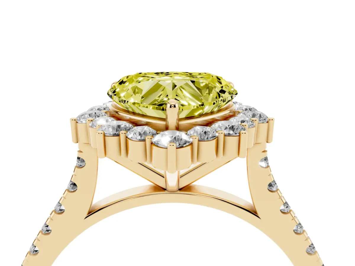 Fancy Yellow Heart Cut Halo Diamond Ring with Pavé Band and Prong Setting Yellow gold