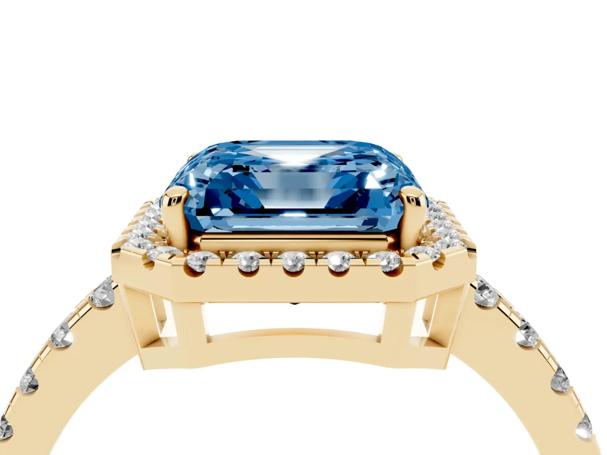 Fancy Blue Asscher Cut Diamond Halo Ring with Pavé Band and Four-Prong Setting Yellow gold